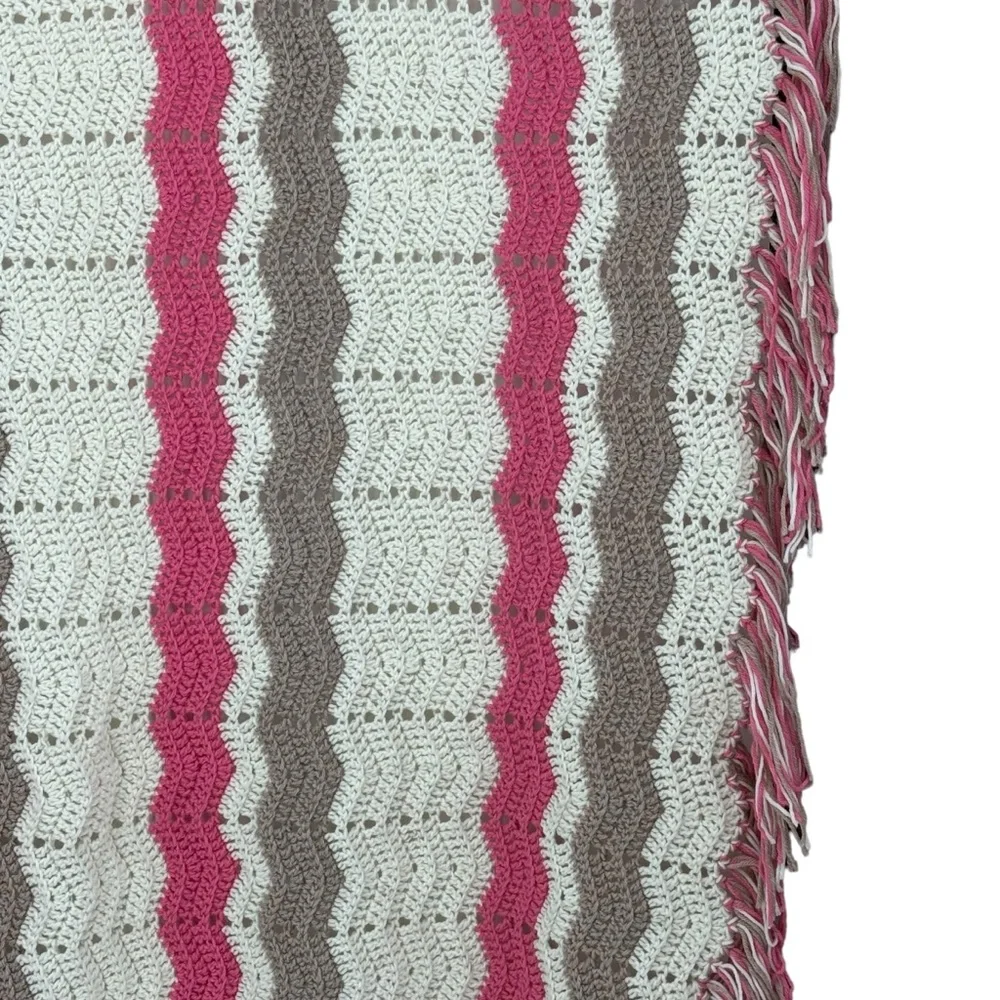 *Beautiful Hand Knit Afghan Throw in Pink Tan and White.
